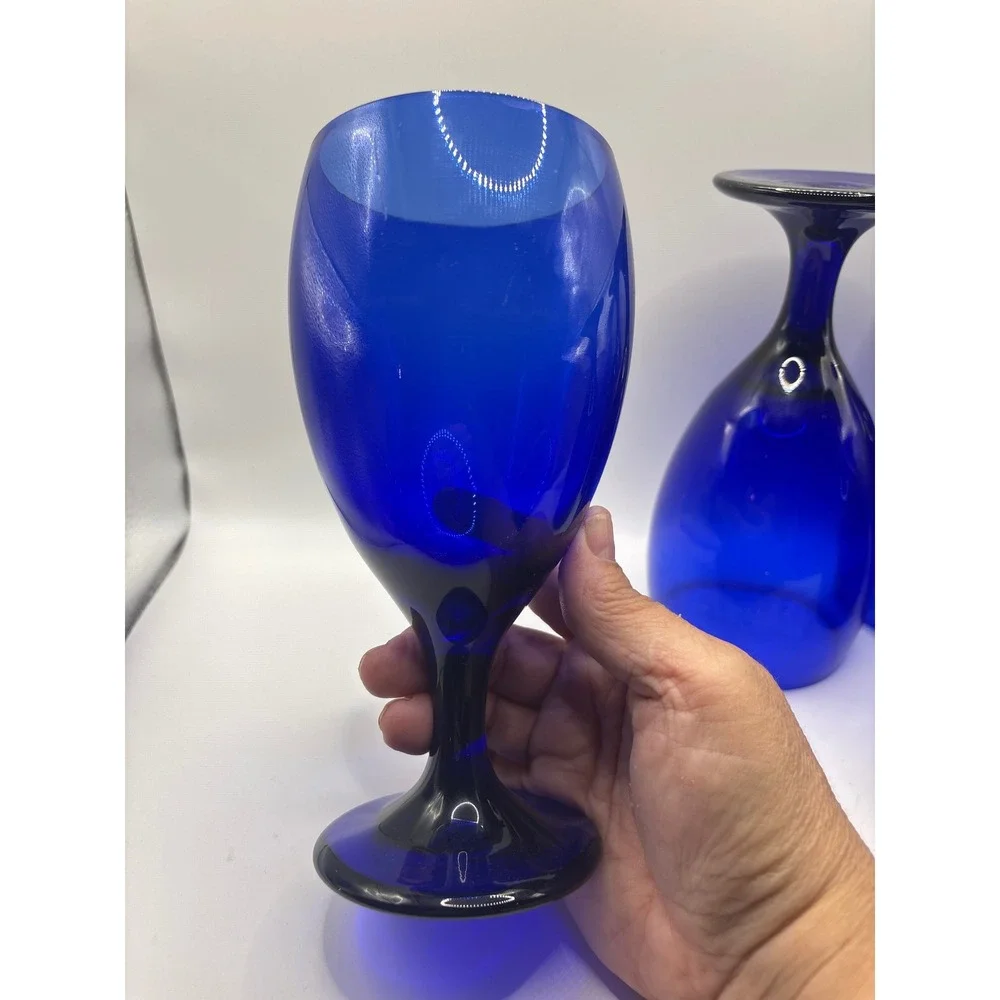 VTG Set of 4 Cobalt Blue Glass Goblets Stemmed Water Wine Glasses 7 inch